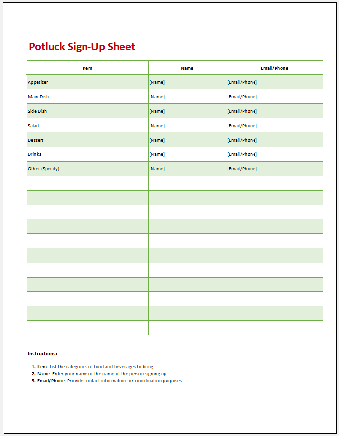 Potluck sign up sheet template