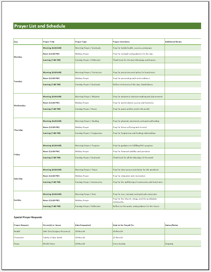 Prayer List and Schedule Template for Excel