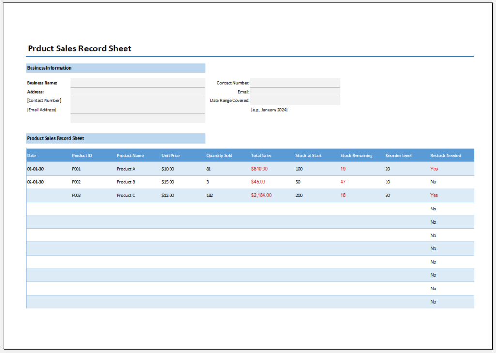 Product Sales Record Sheet Template for Excel