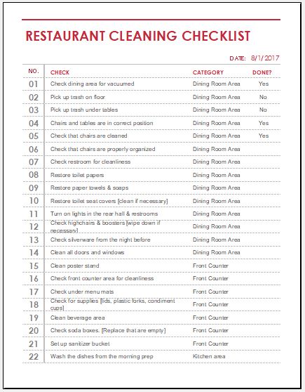 Restaurant Cleaning Checklist For MS Excel Word Excel Templates