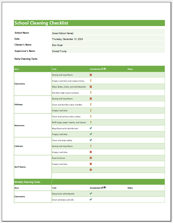 School Cleaning Checklist Template for Excel