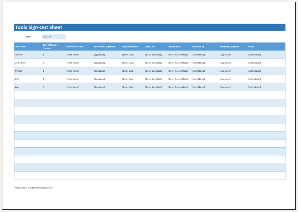 Tools Sign-Out Sheet Template for Excel