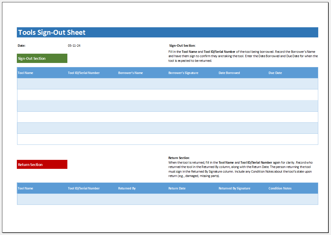 Tools Sign-Out Sheet Template for Excel