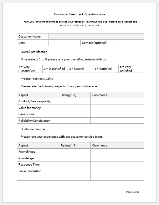 Customer Feedback Questionnaire Template