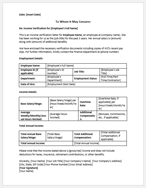 Income verification letter