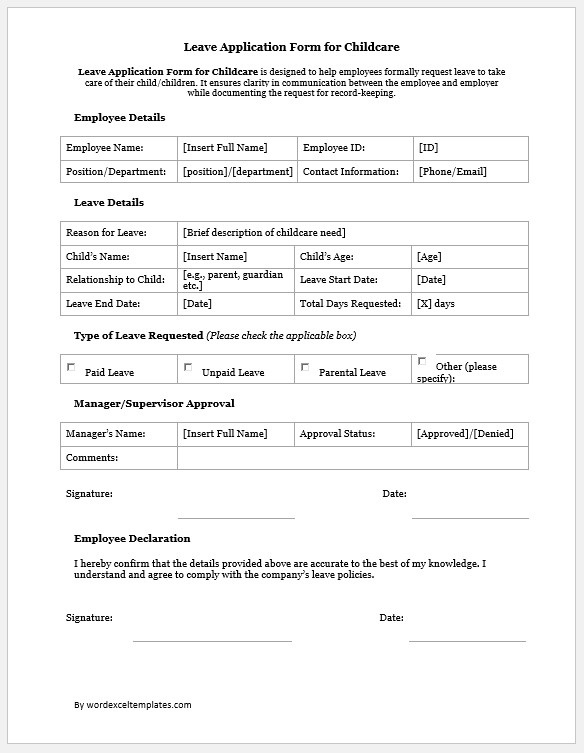 Leave Application Form for Childcare