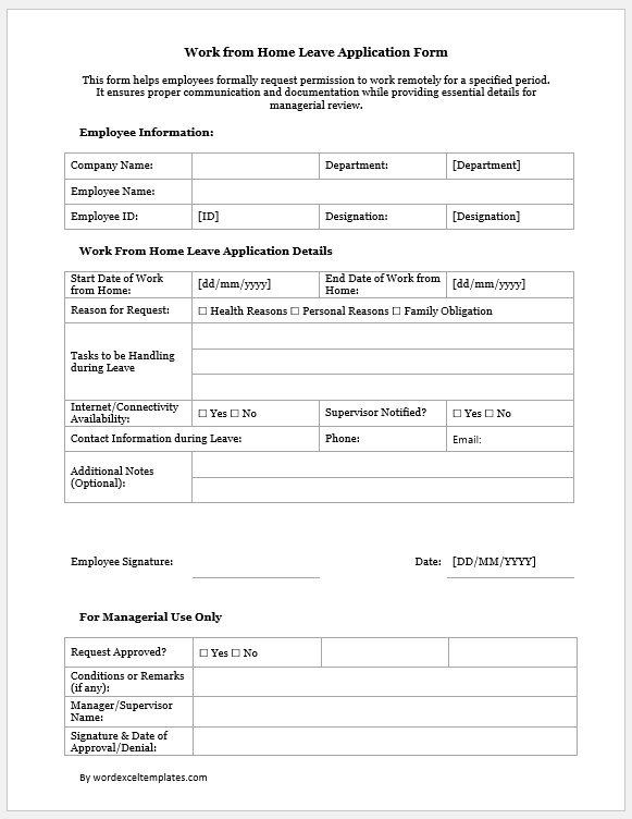 Work from Home Leave Application Form