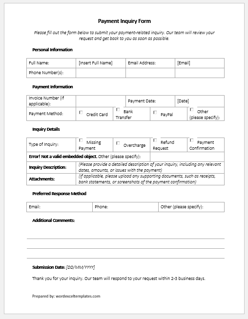 Payment Inquiry Form Template