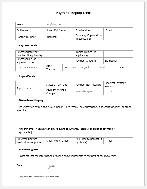 Payment Inquiry Form Template