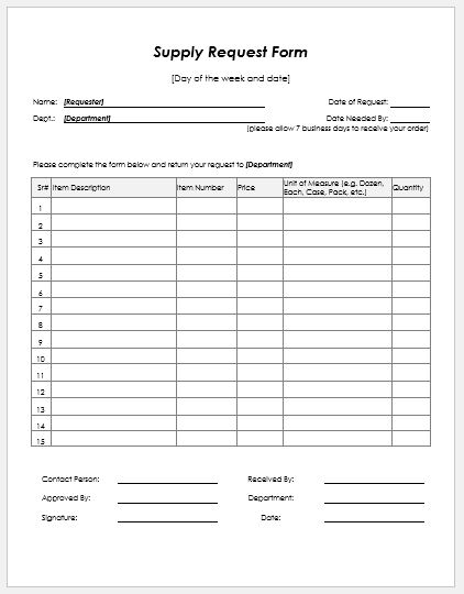 Supply Request Form Templates MS Word Word Excel Templates