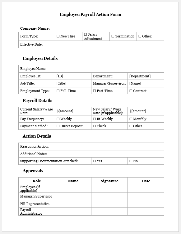 Employee Payroll Action Form