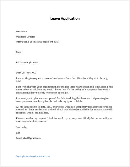 leave application letter sample for employee