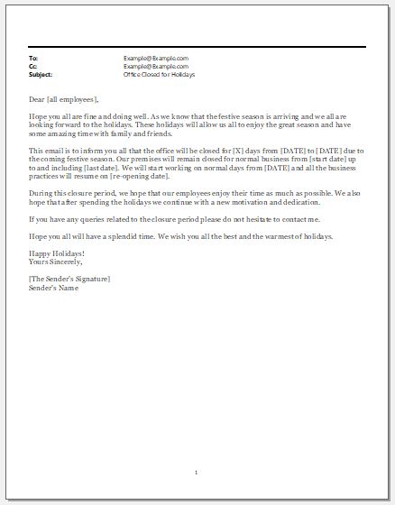 Office Closed For Holidays Email Template Word Excel Templates