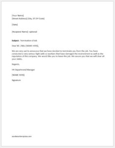 Termination Letter for Fighting at Workplace | Word & Excel Templates