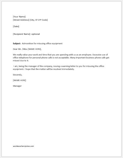 Warning Letter For Misusing Office Equipment Word Excel Templates
