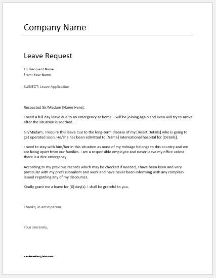 leave application letter format for job