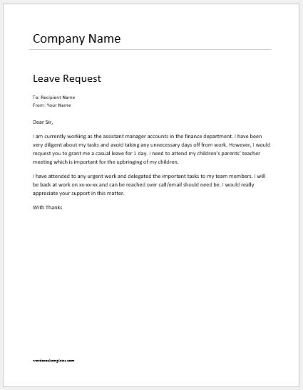 Employee Leave Request Letter Templates Word Excel Templates
