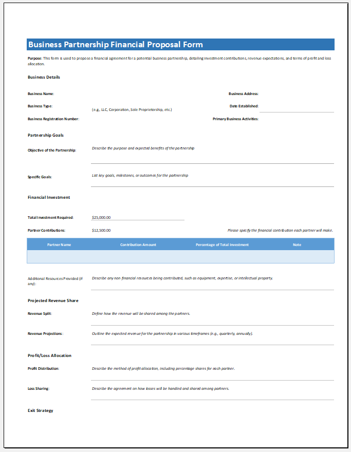 Business Partnership Financial Proposal Form