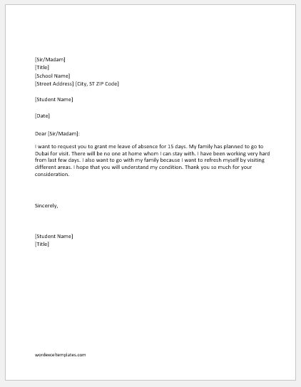 Letter Of Absence From School For Vacation Download