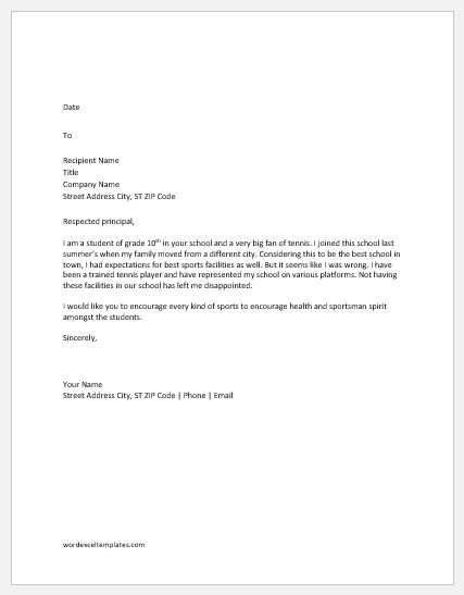 Complaint Letter about Lack of Sports Facilities in School | Word ...
