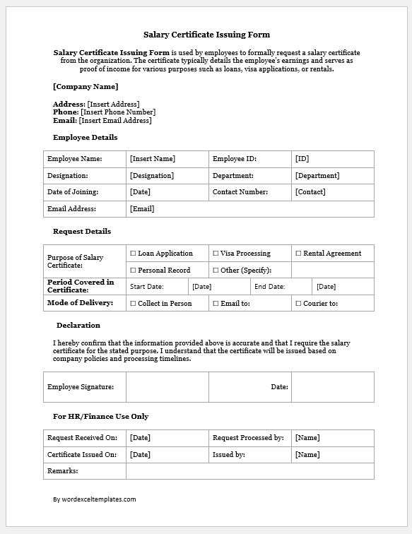 Salary Certificate Issuing Form