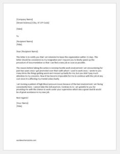 Resignation Letter due to Bad Work Environment | Download