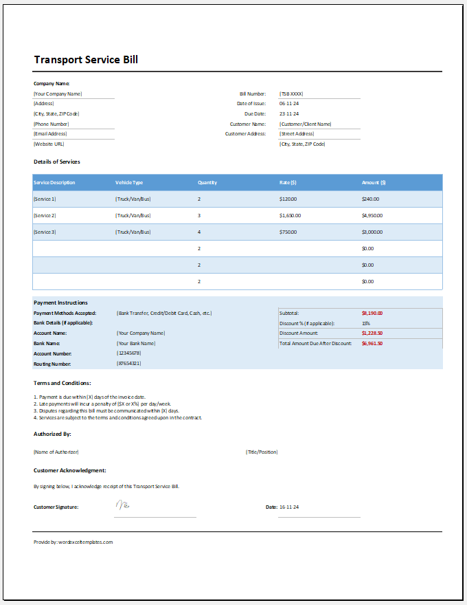 Transport Service Bill Template for Excel