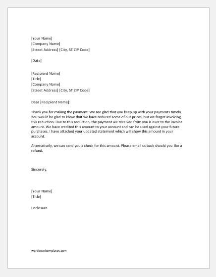 Letter To Inform A Customer Of An Overpayment Word Excel Templates