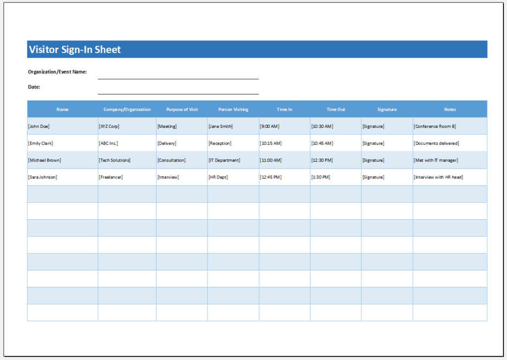 Visitor Sign-in Sheet Template