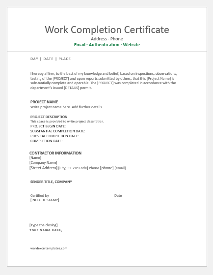 Work Completion Letter Sample Free Word Templates Gambaran