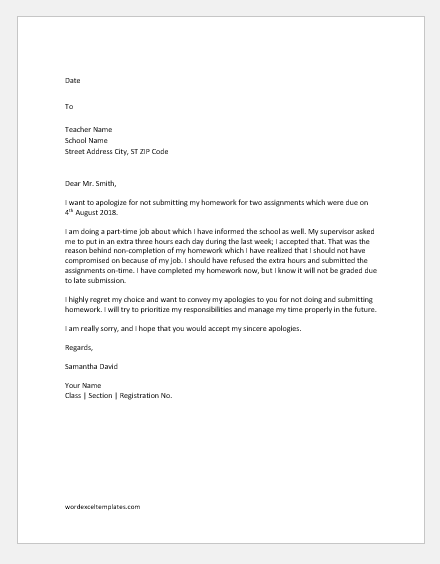 apology letter to a teacher for not doing homework