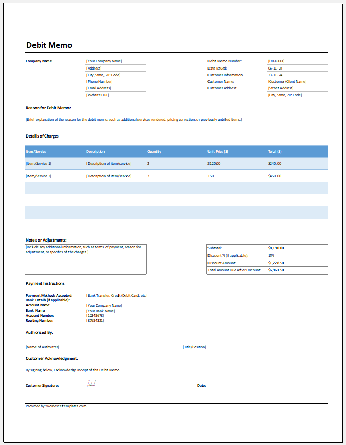 Debit Memo Template for Excel