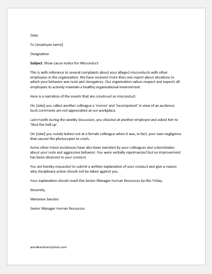 Show Cause Letter For Misconduct Word Excel Templates