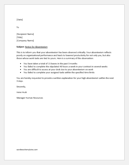 Show Cause Letter For Absenteeism Poor Performance Word Excel 