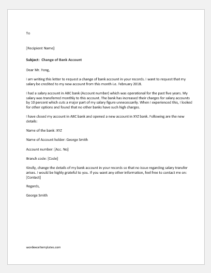 Change of Bank Account Letter to Manager | Word & Excel ...