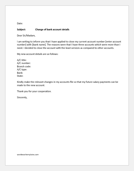 Change of Bank Account Letter to Manager Download Samples