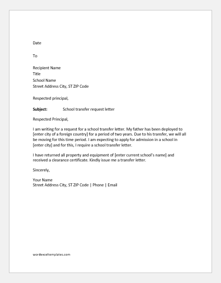 School Transfer Request Letter Samples Download Edit