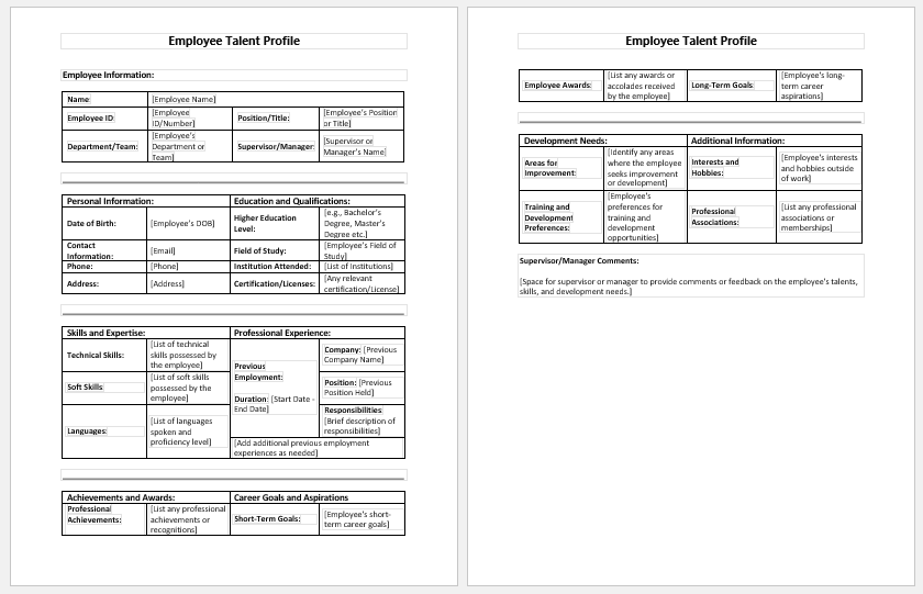 Employee Talent Profile Sheet Template