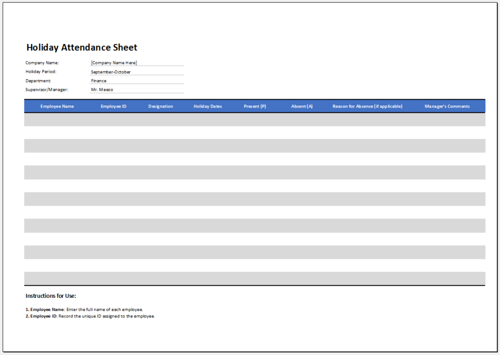 Holiday Attendance Sheet Template