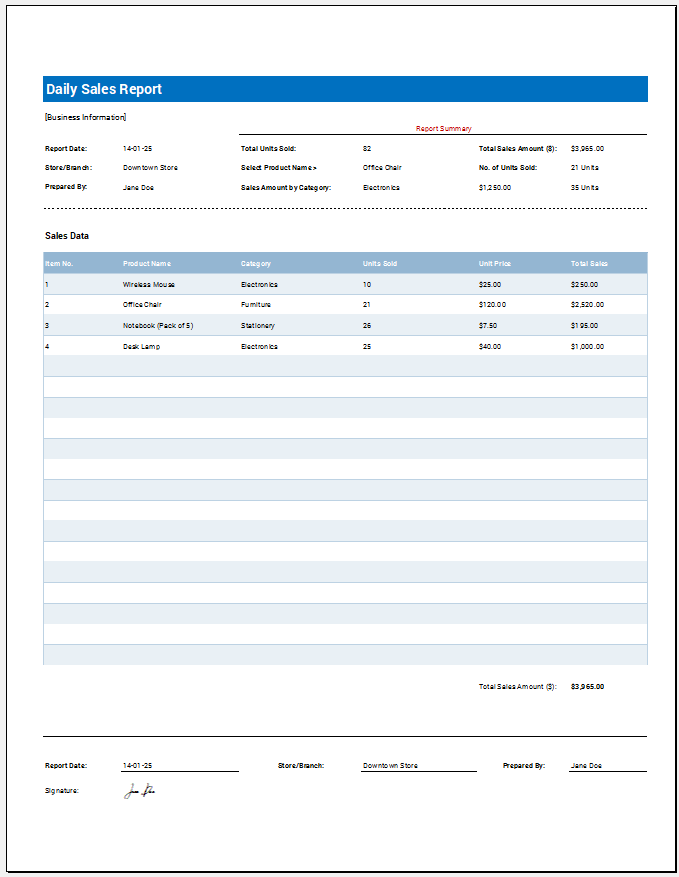 Daily Sales Report Template