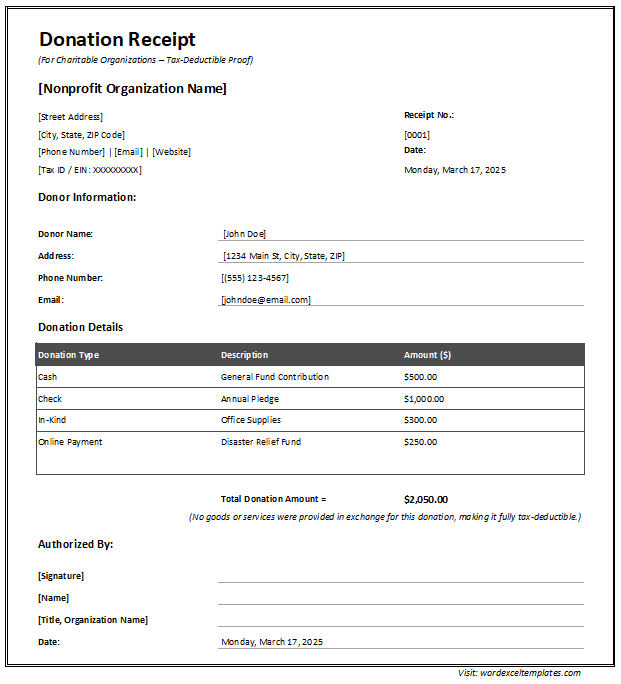 Donation Receipt Template for Excel