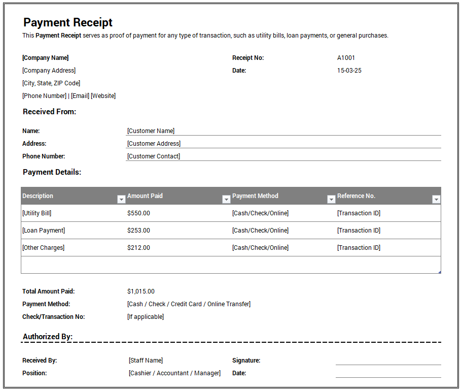 Payment Receipt Template for Excel