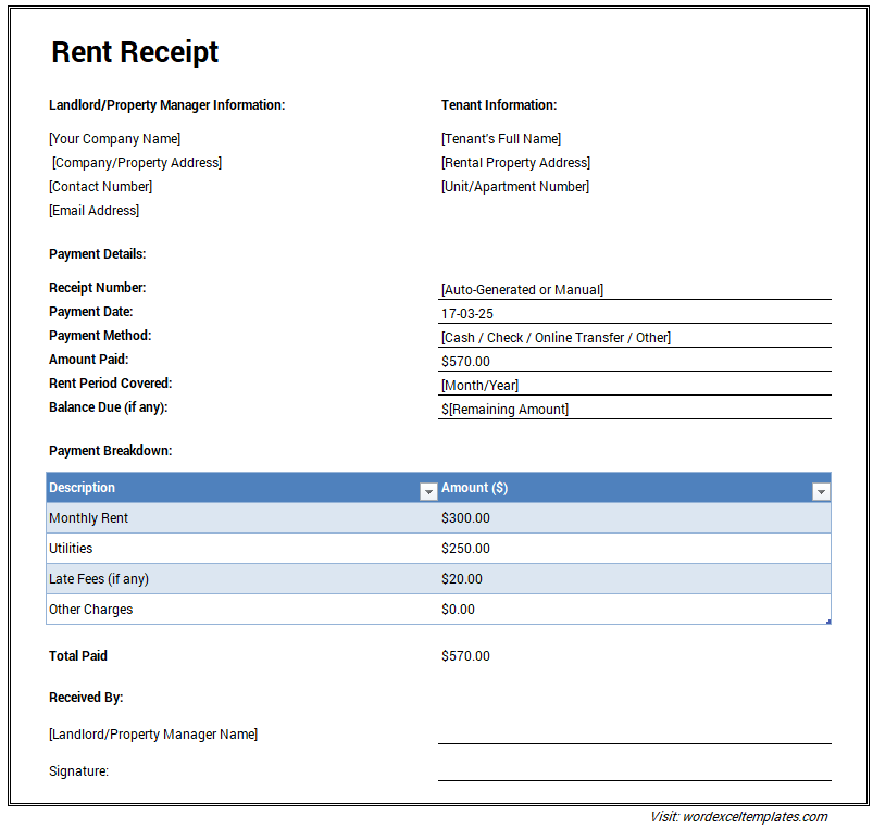 Rent Receipt Template for Excel