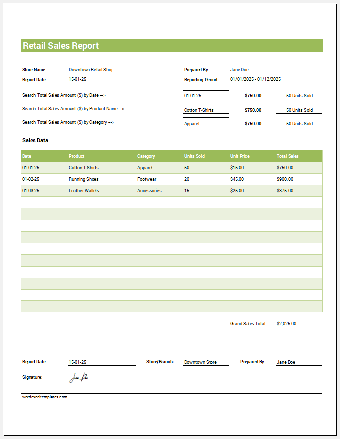 Retail Sales Report Template