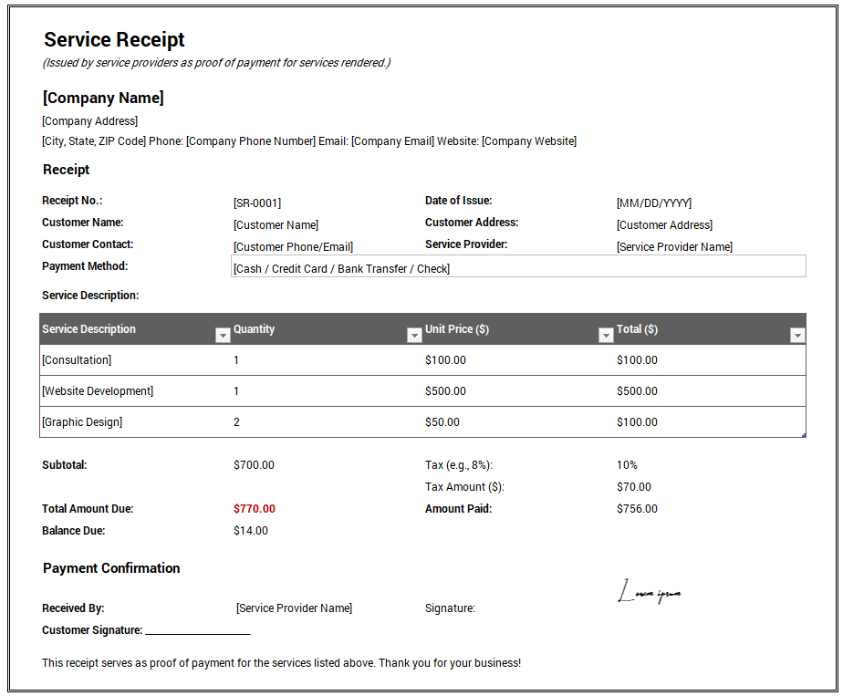 Service Receipt Template for Excel