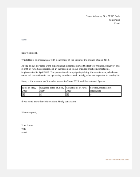 Daily Weekly Monthly Sales Report Letters To Boss Word Excel 