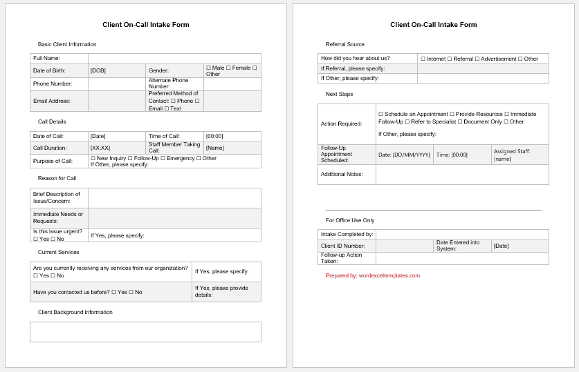 Client on Call Intake Form