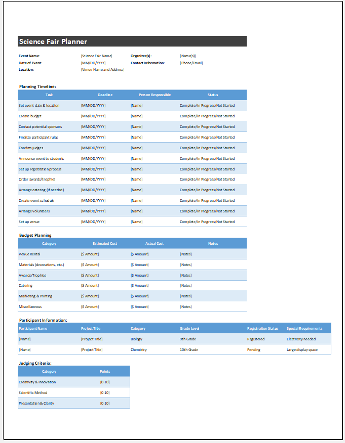 Science fair planner template