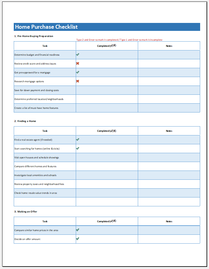 Home Purchase Checklist Template