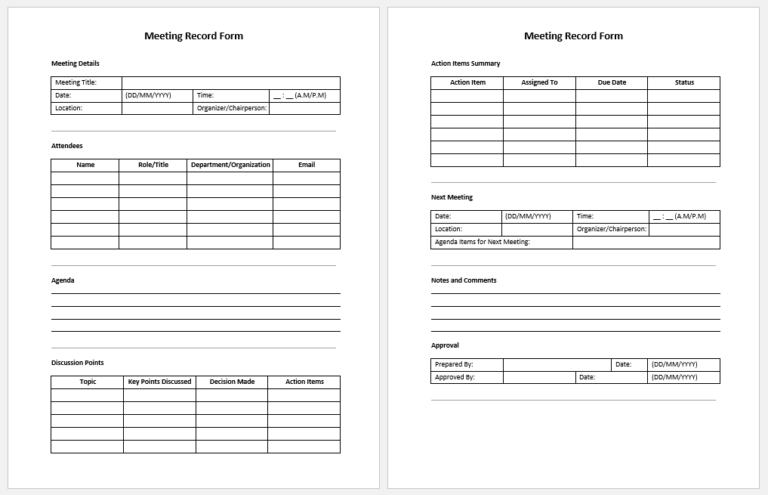 Meeting Record Form Templates for MS Word | Download Files